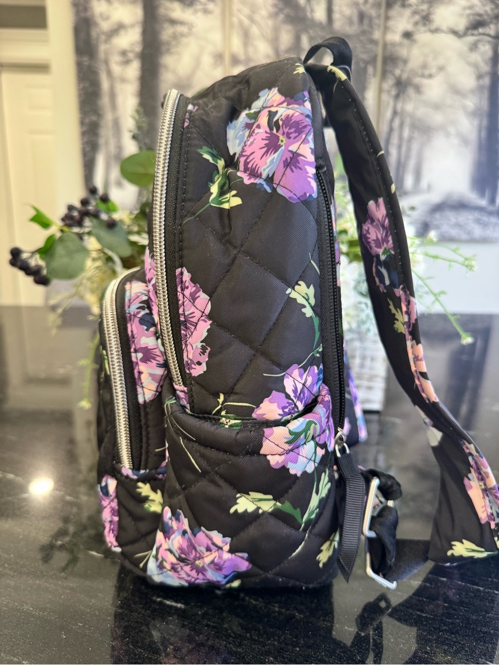 💜Vera Bradley Performance Twill Small Backpack in Floating Plum Pansies - Picture 3 of 6